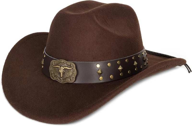 Eohak Womens Western Cowboy Hats Studded Pinched Western Cowgirl Hats Wide Brim Fedoras Hat with Belt Buckle (Size:Medium) - Image 1